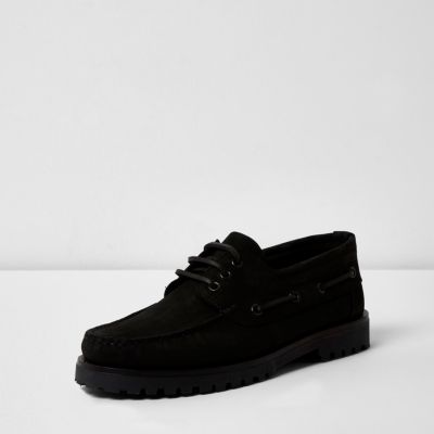 Black nubuck cleated boat shoes